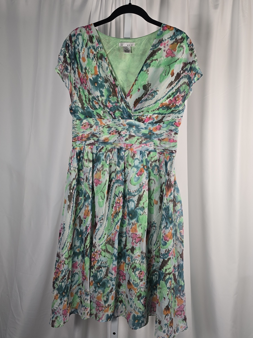 WD.NY Silk Chiffon Floral Watercolor Above Knee Dress Green Sleeveless Y2K Sz 10